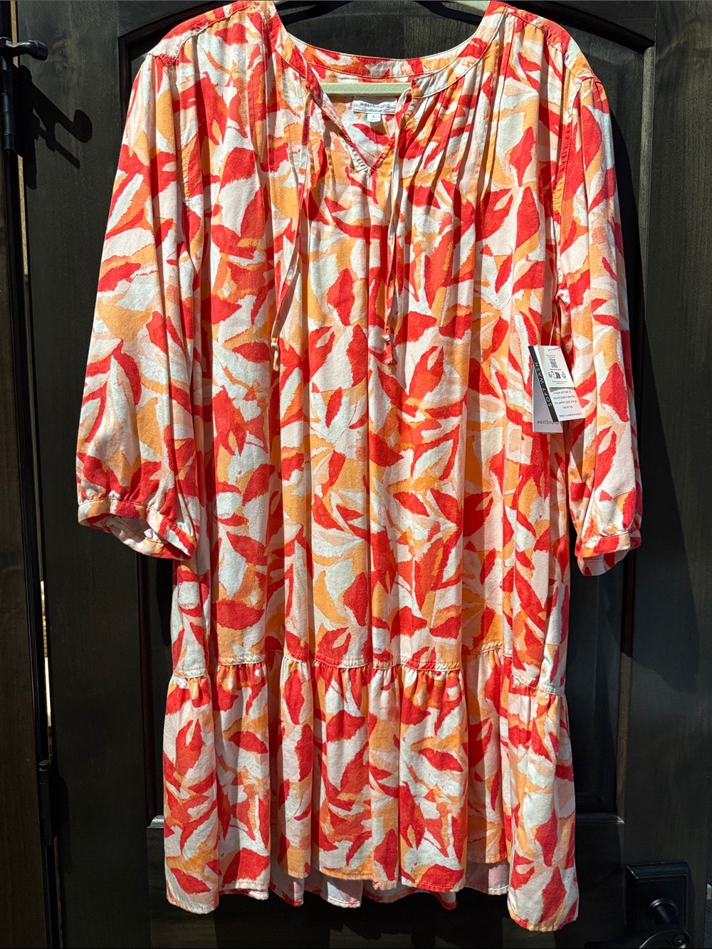 Westbound Orange Red Leaf-Print Tiered Dress